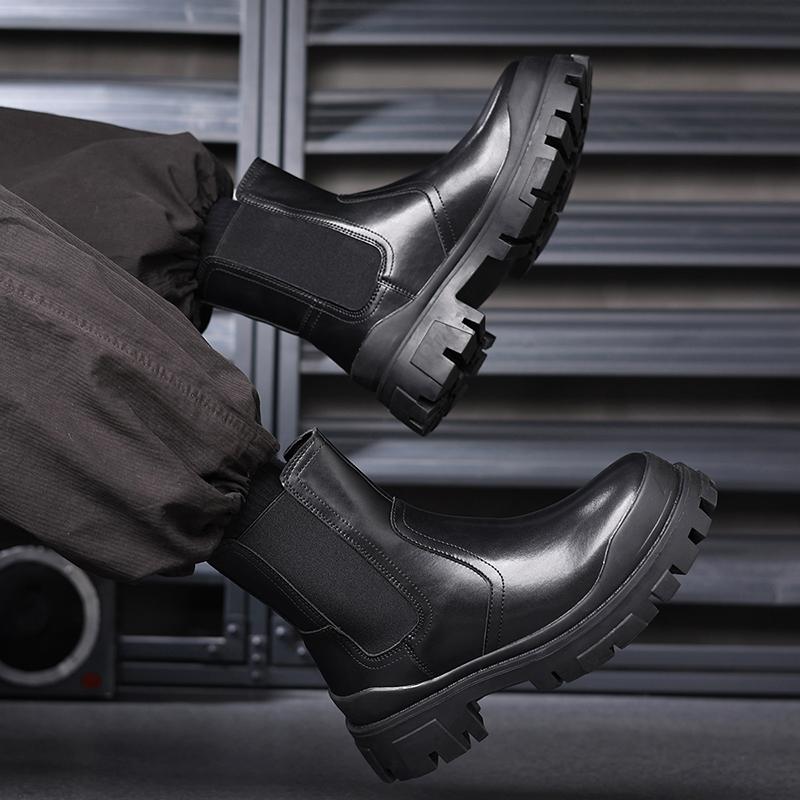 High Top Slip on Shoes High Quality Leather Outdoor Men Basic Boots Non-slip Walking Boots Male British Style Motorcycle Boots