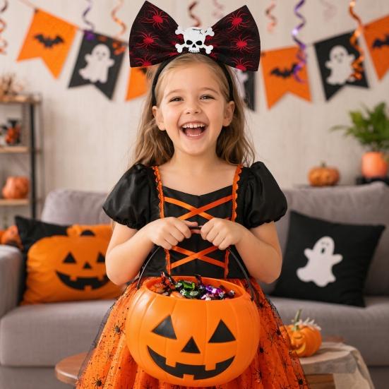 Halloween Bow Headbands, Flexible Non-Slip Hairband with Pumpkin Bat Skeleton Spider Design, Lightweight Headband for Kids Adults Party Cosplay