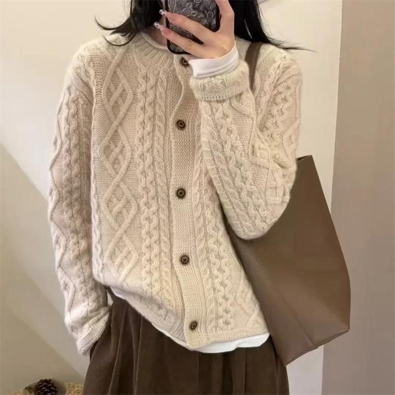 Women's European Style Heavy Knit Lamb Wool Cardigan - Thick Coarse Yarn Cashmere Sweater Coat for Autumn and Winter 2025