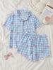 Süßes niedliches kariertes Pyjama-Set für Mädchen, Blau und Weiß, Sommer-Hauskleidung, Schlafanzug 2 Teile, Elegantes weiches atmungsaktives Blasenkrepp-Oberteil mit Schleifendruck und Shorts-Set