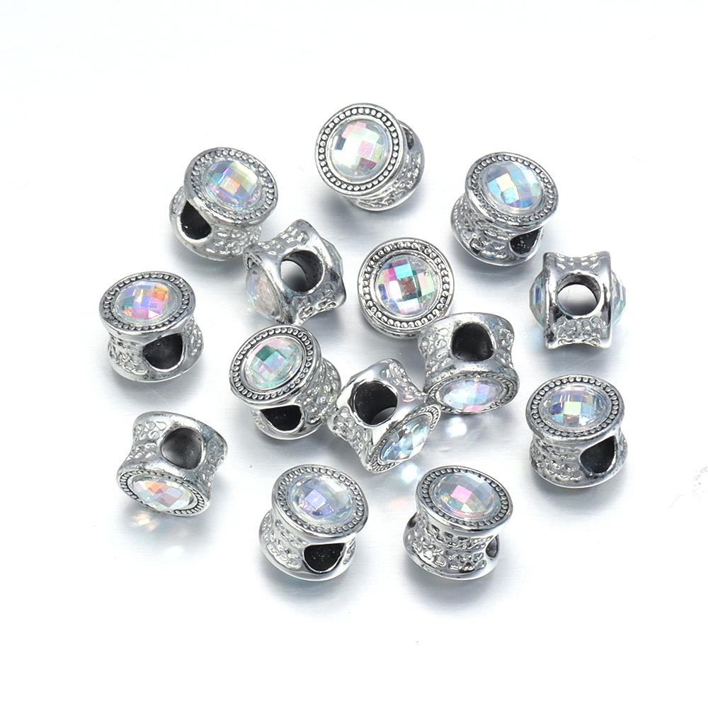10pcs/Lot Color Alloy Rhinestone Spacer Beads Large Hole Barrel Bead for Jewelry Making DIY Charms Bracelet Hair Beads Accessory