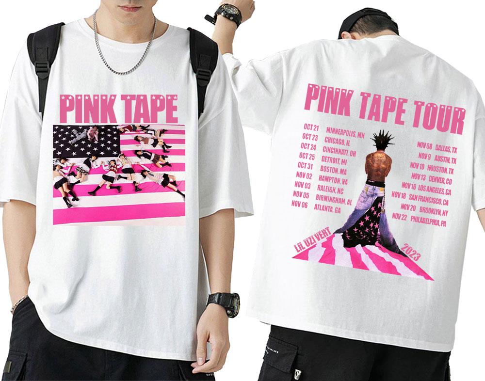 Rapper Lil Uzi Vert 2023 Concert Tour Pink Tape Graphic T-shirt Men's Hip-hop Summer Print 100% Pure Cotton Short-sleeved