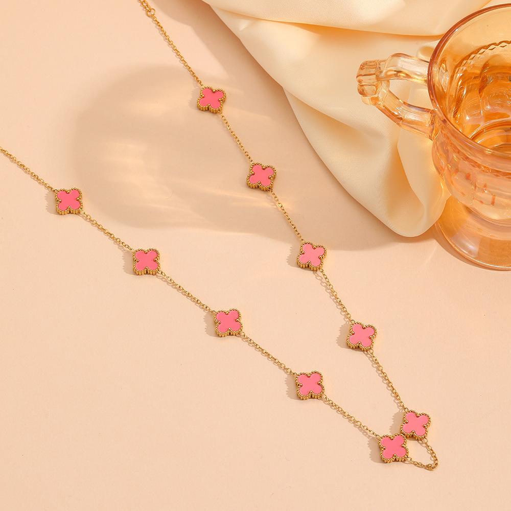 Four leaf clover stainless steel small flower double-sided shell pendant necklace