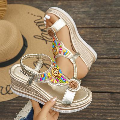 Luxury Women's Sandals Trend Bohemian Style Wedge Sandals Summer Thick Sole Non Slip Beach Shoes for Women Colorful Bead Sandals
