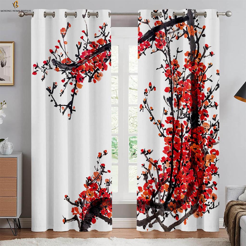 2 Pieces Of Retro Ink Peach Blossom Black And White Print Curtains Bedroom Living Room Study Decorative Curtains