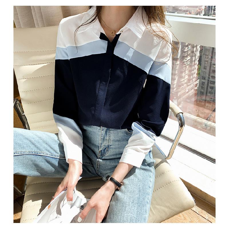 2026 Spring New Women's Turn-down Collar Contrast Color Slim Fit Long Sleeve Casual Striped Shirt