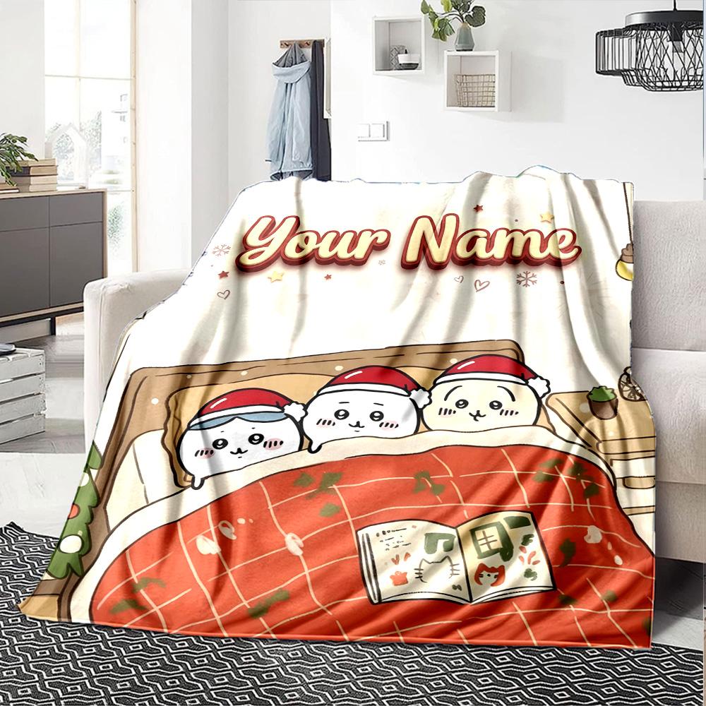 1pc Chiikawa Blanket with Custom Name, Gift, for Men and Women, Soft Blanket, Good for Sofa Bed Couch Travel, Lightweight Flannel Blanket
