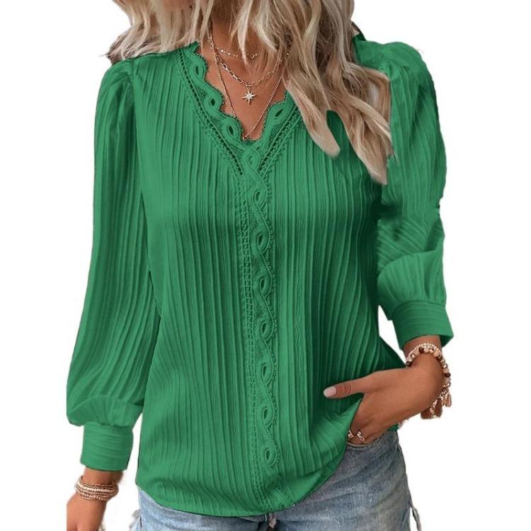 Damen Mode V-Ausschnitt Langarm Pullover Bluse Lässig Uni Farbe Druck Tops Frühling Herbst