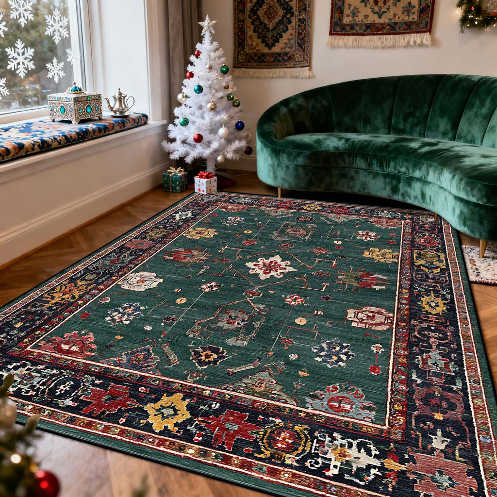 Green Christma Style Living Room Carpet Persian Retro Decoration Christma Tree Side Plush Rug Bedroom Easy Clean Soft Floor Mat