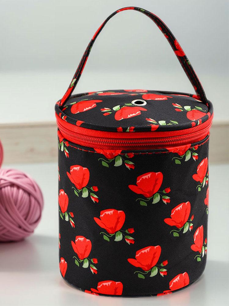 Oxford Yarn Holder Rose Pattern Yarn Storage Tote Bag with Handle Bucket Bag Short Perforated for Hooks Knitting Needles