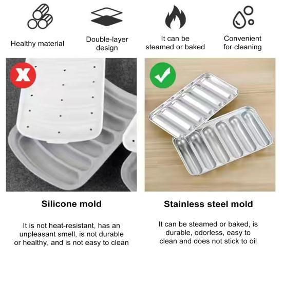Rustfritt Stål Pølseform 6 Hulrom Hot Dog-form for Hjemmekoking Non-Stick Bakeverktøy for Barnemat Pølsemaker med Lokk