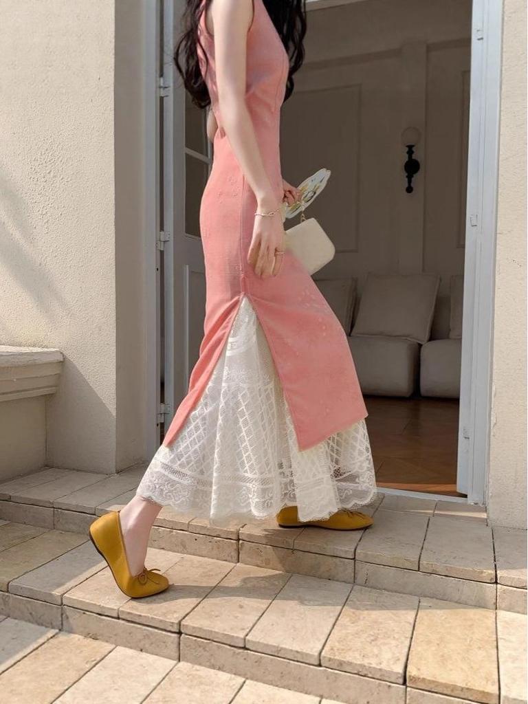 White Lace Hollow Out Cheongsam Petticoat - French Style Mid-Length Swing Skirt