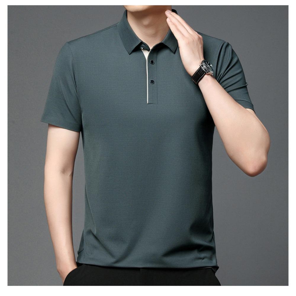 Men's Ice Silk Short Sleeved Lapel T-shirt Loose Business Casual Polo Shirt Summer Sweatshirt Top T-shirt Solid Color