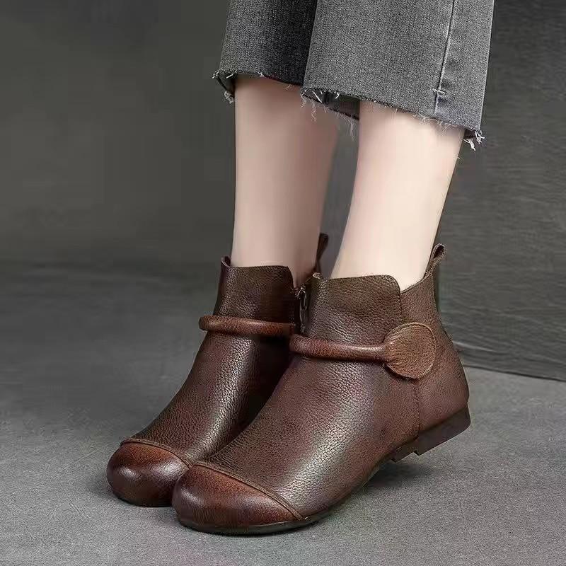 Fashion Retro Women Short Ankle Boots Autumn Winter Faux Cow Leather Slip-on Shoes Handmade Round Toe Light Weight Flat Booties