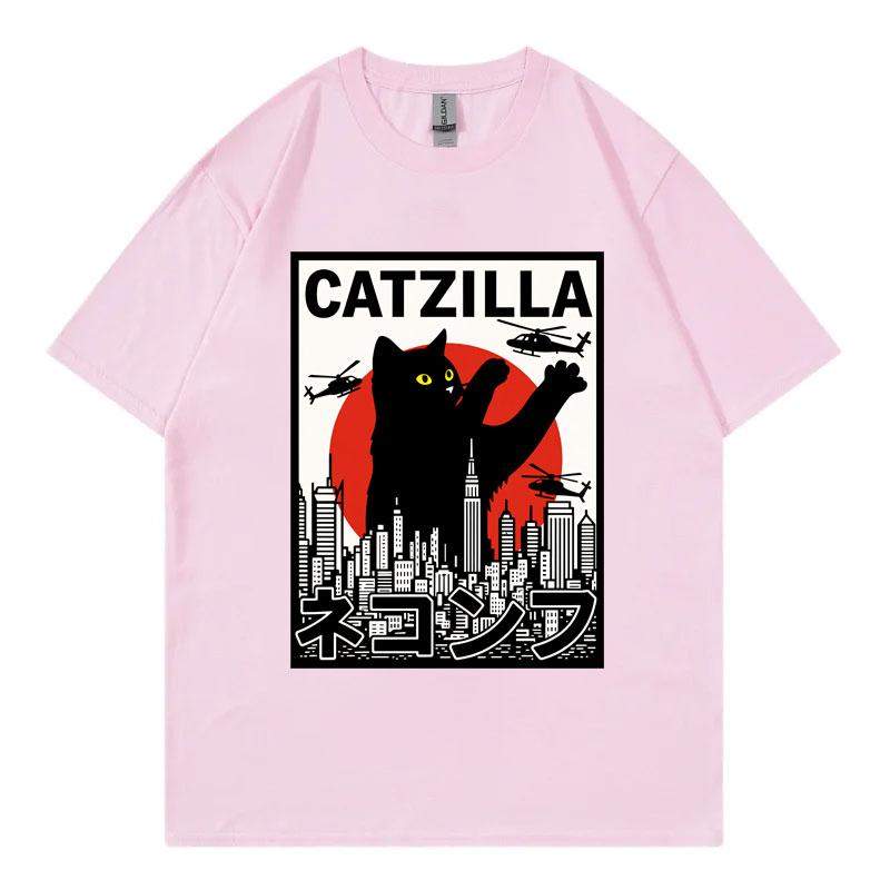 Catzilla Funny Cat Attack Graphic T Shirts Harajuku Japanese Unisexga Short Sleeve Tshirts Unisex Unisex Casual Fashion Loose Tshirt