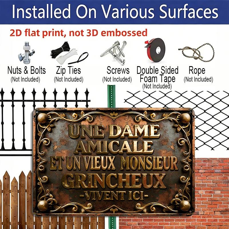 2D Flat 1pc 12"x8" Retro French Quote Aluminium Wall Art - "UNE DAME AMICALE ET UN VIEUX MONSIEUR GRINCHEUX VIVENT ICI" Design, Vintage Home Decor
