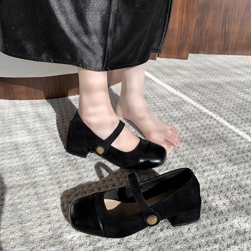 2025 New Thick Heel Mary Jane Single Shoes Women's New Spring French Mid Heel Evening Black Square Head Small Shoes