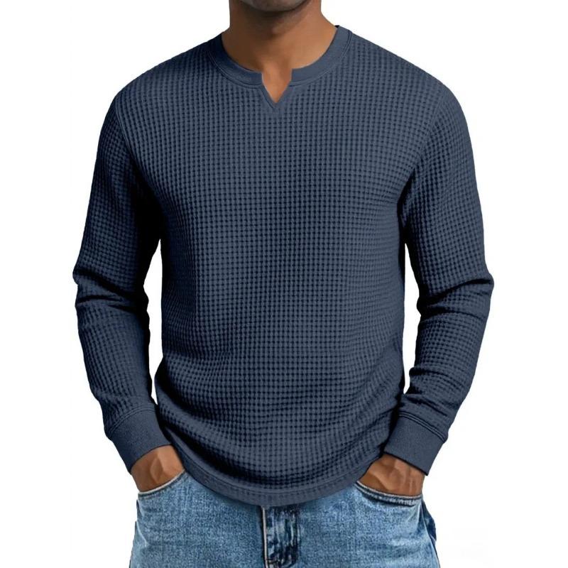 Herren Plus Size Waffel Karomuster Slim Fit Langarm V-Ausschnitt Lässiges T-Shirt