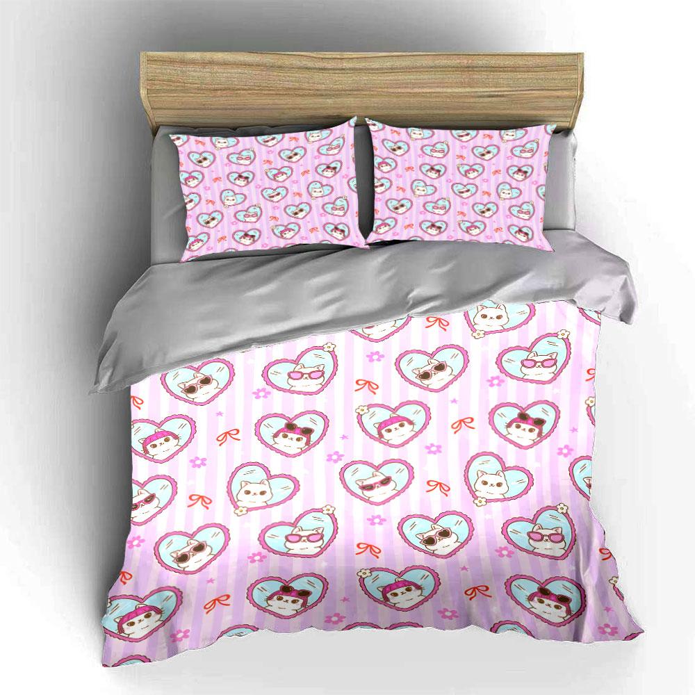 Cute Heart And Cat Pattern Background Duvet Cover Set With 3D Printing Design Soft Polyester Bedding Set All-Season Comfort
