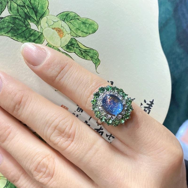 Luxury Diamond Inlaid Sea Blue Opal Earrings Female Ins Oval Elliptic Earrings French Premium