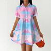 Women Casual Loose Fit Button Front Dress Shirt Dress with Stand Collar Short Sleeve Hawaiian Print Summer Dress
