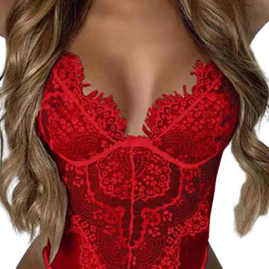 Nightie Bodysuit Lace Stitching Hollow Out Adjustable Straps Jumpsuits Deep V Neck Nightwear No Pads See-through Women Sexy Bodysuit for Themed Party