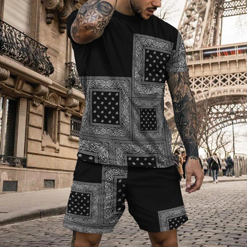 Summer Men's T-Shirt Set Gold Pattern 3D Print T-shirt Shorts 2-piece Set Elegant Casual Clothes Street Baroque T-shirt top