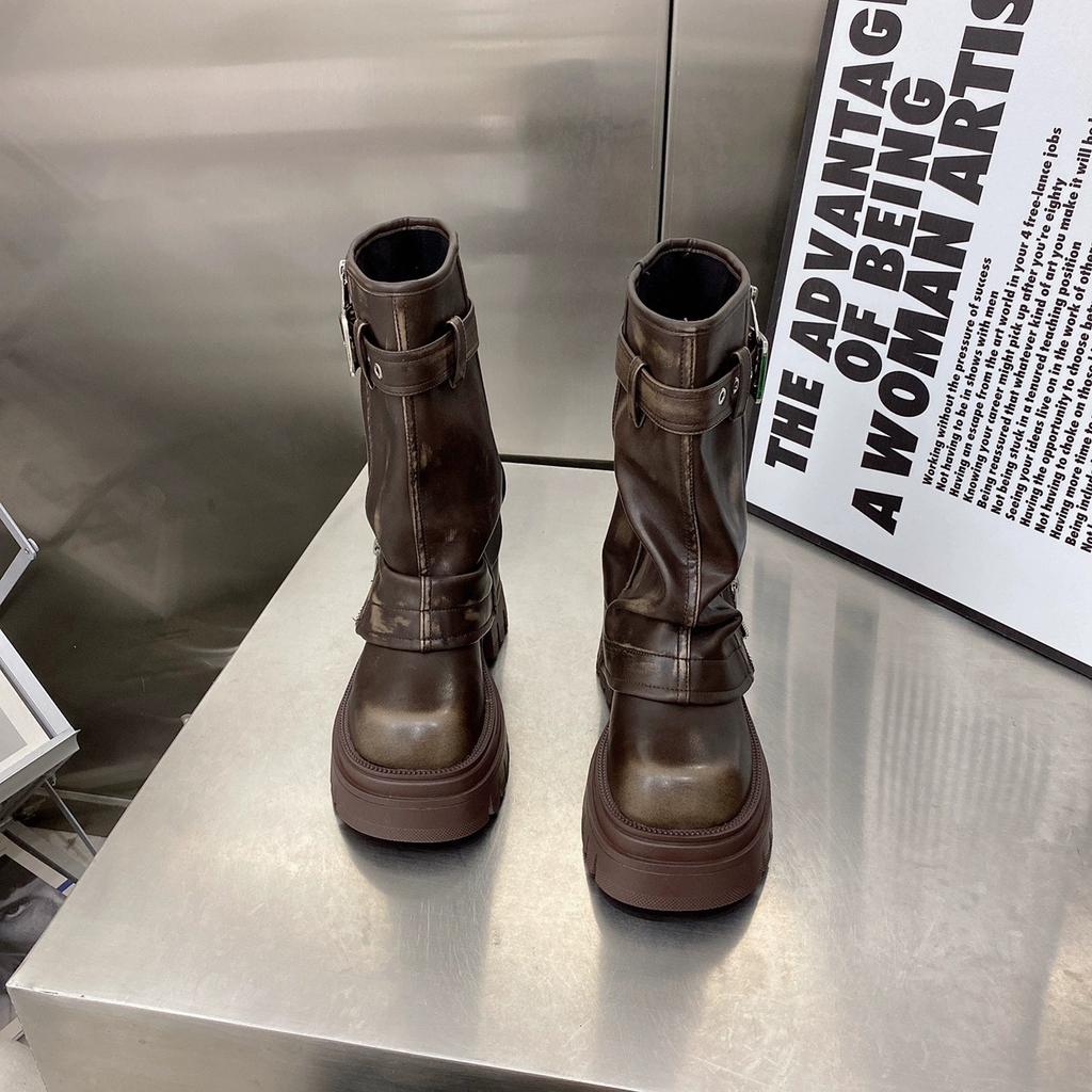Women Fashion Boots European Leather Square Toe Maillard Western Cowboy Thick Soled Boots Motorcycle Short Boots