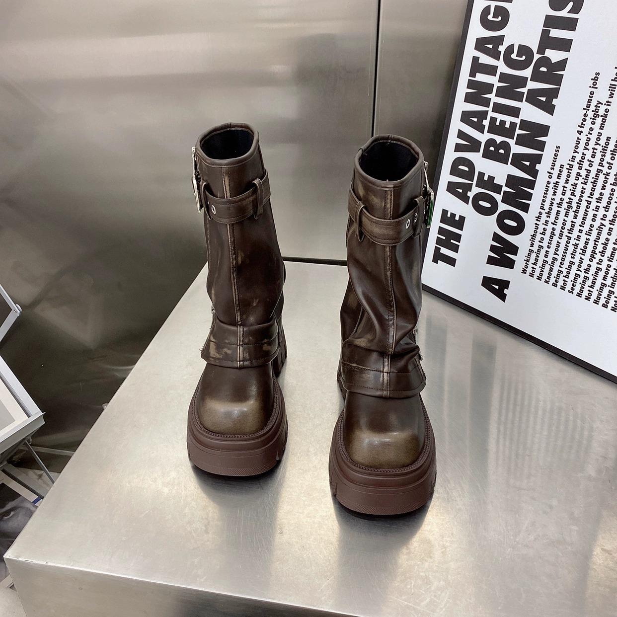 

Женские модные ботинки Европейская кожа Квадратный носок Maillard Вестерн Ковбой Толстая подошва Ботинки Мотоциклетные короткие ботинки 40