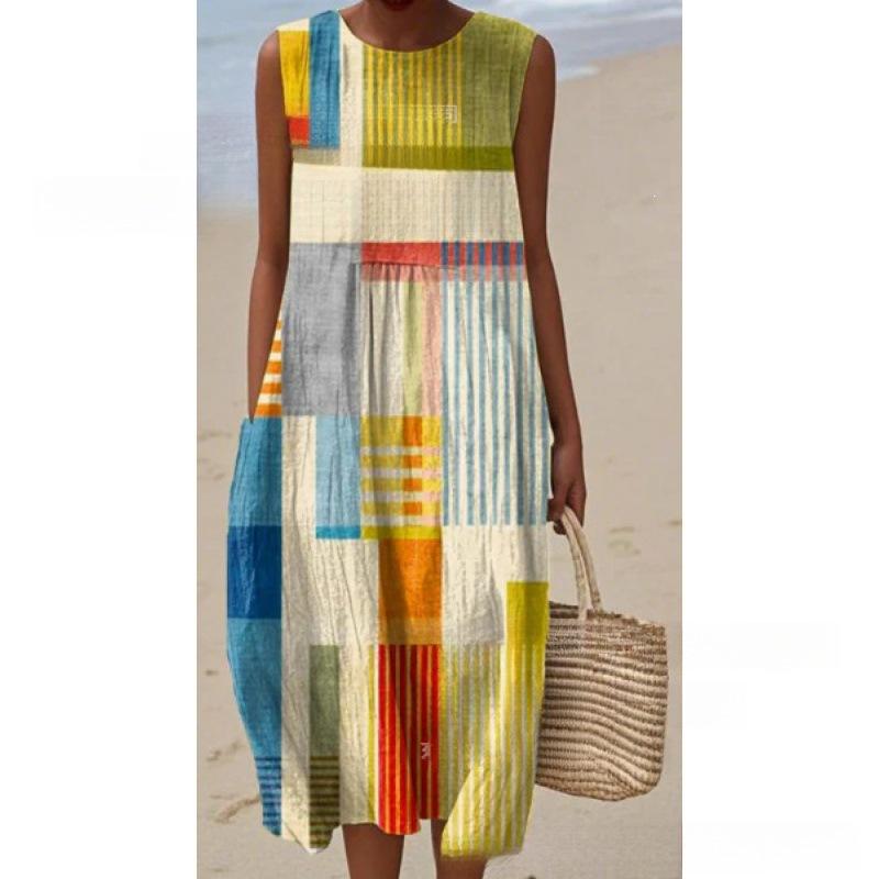 European and American New Summer Flower Ocean Printing European Size Round Neck Sleeveless Long Dress Creative Loose Dress