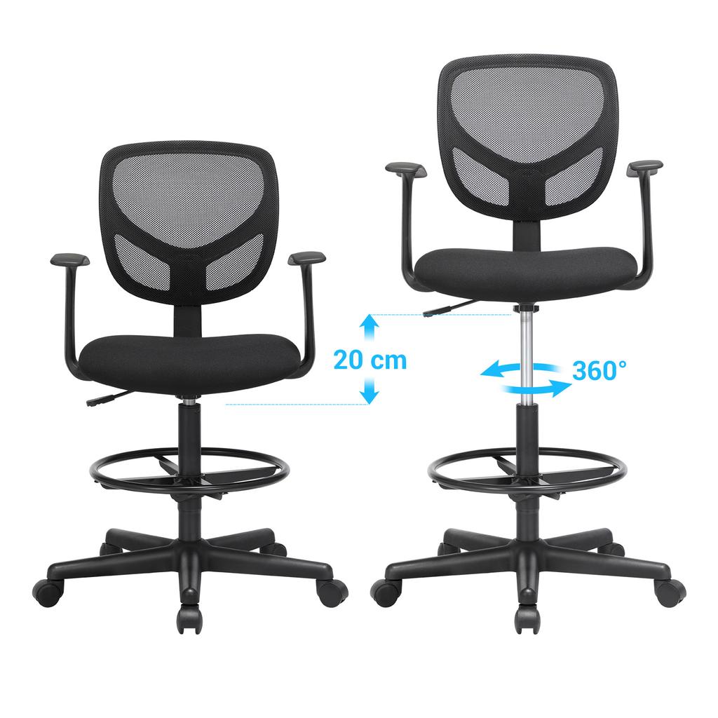 SONGMICS Office Chair Ergonomic Work Stool with Armrests Seat Height 55-75 cm High Work Chair with Adjustable Foot Ring Load Capacity 120 kg Black