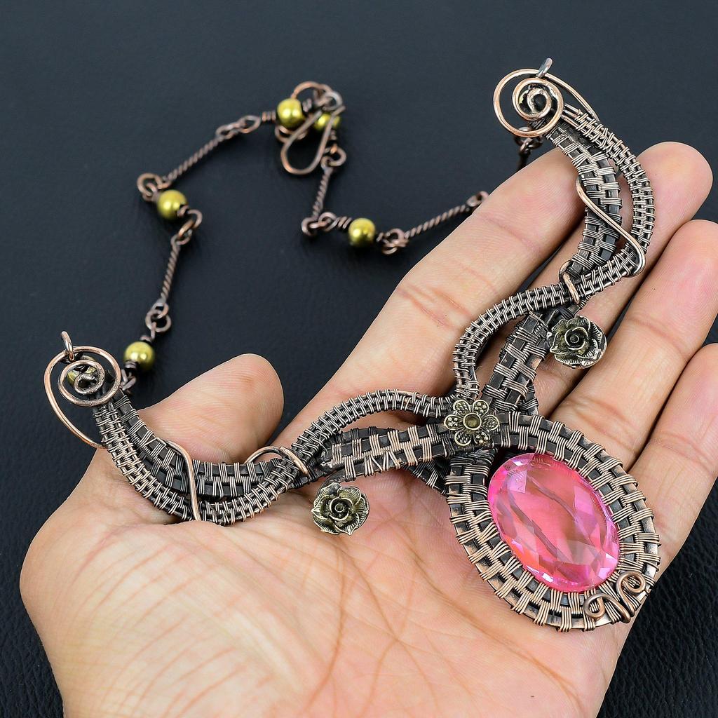 Pink Kunzite Necklace Handmade Jewelry, 999 Copper Wire Wrapped Necklace Designer Gemstone Jewelry Adjustable Chain Necklace Gift For Mom