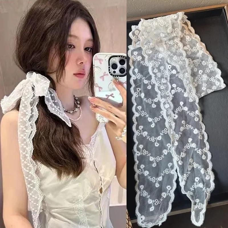 Vintage White Lace Hair Scarf Summer Sweet Bow Headband Elegant Ribbon Scarfs for Women Hairbands 130cm Long Narrow Neckscarf