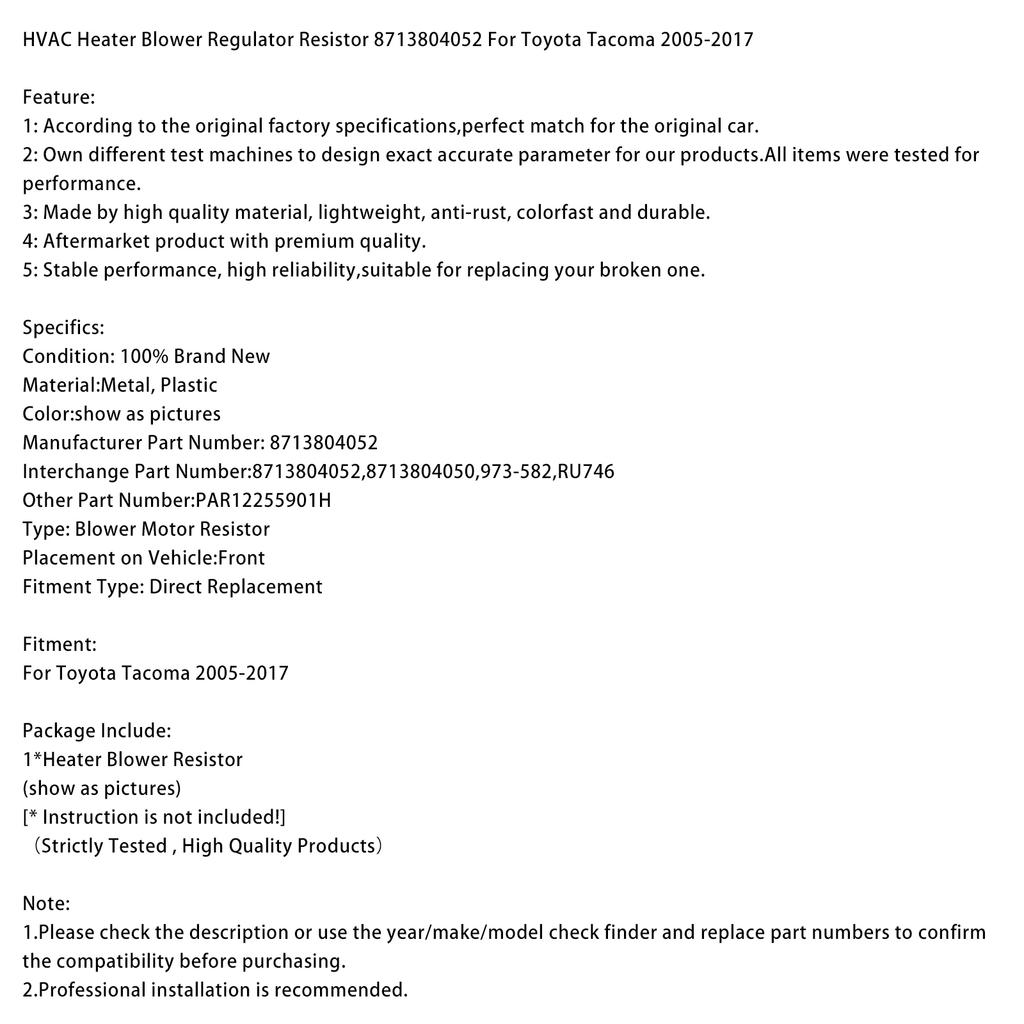 HVAC Heater Blower Regulator Resistor 8713804052 For Toyota Tacoma 2005-2017