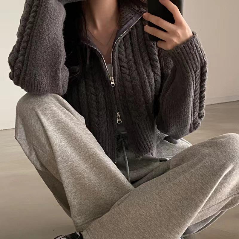 Women Double Zipper Sweater Lapel Short Pullover Crochet Fabric Solid Color Knitted Cardigan Casual Elegant Coat Fall Winter