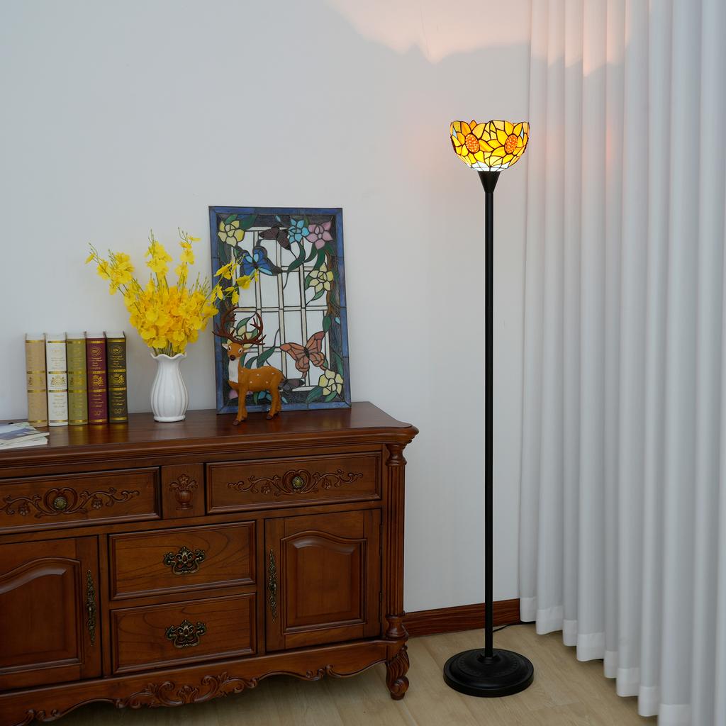 Stained Glass Torchiere Floor Lamp Industrial Style Standing Corner Light Antique Handcrafted Pole Floor Reading Uplight Lamp