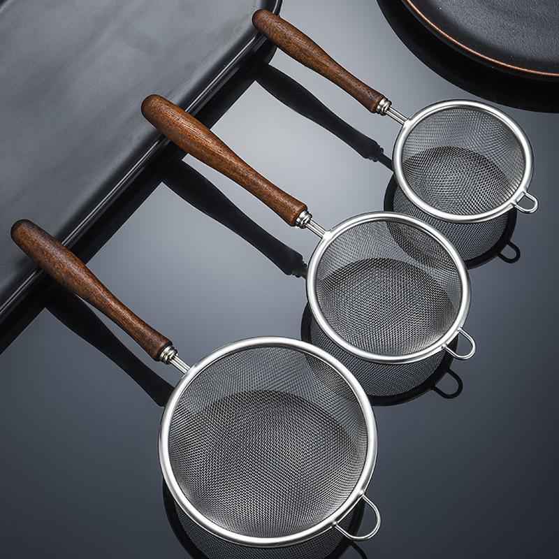 Wooden Handle Stainless Steel Small Colander Fine Mesh Oil Strainer Multi-Function Filter Mesh Flour Sifter Kitchen Baking Tools