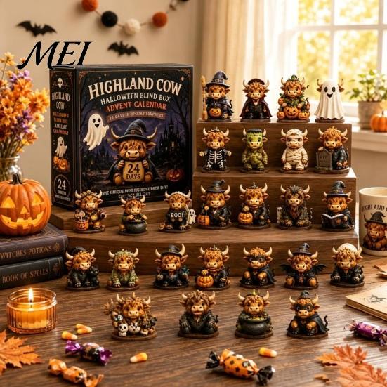 Highland Cow Advent Calendar Halloween Calendar, 24 Days Countdown Box Desk Decorations with 24Pcs Figurines, Spooky