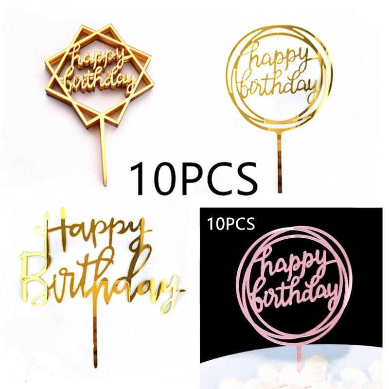 10 Pcs Rose Gold Happy Birthday Cake Topper Silver Black Simple Design Acrylic Cake Toppers Baby Shower Party Dessert Decoration