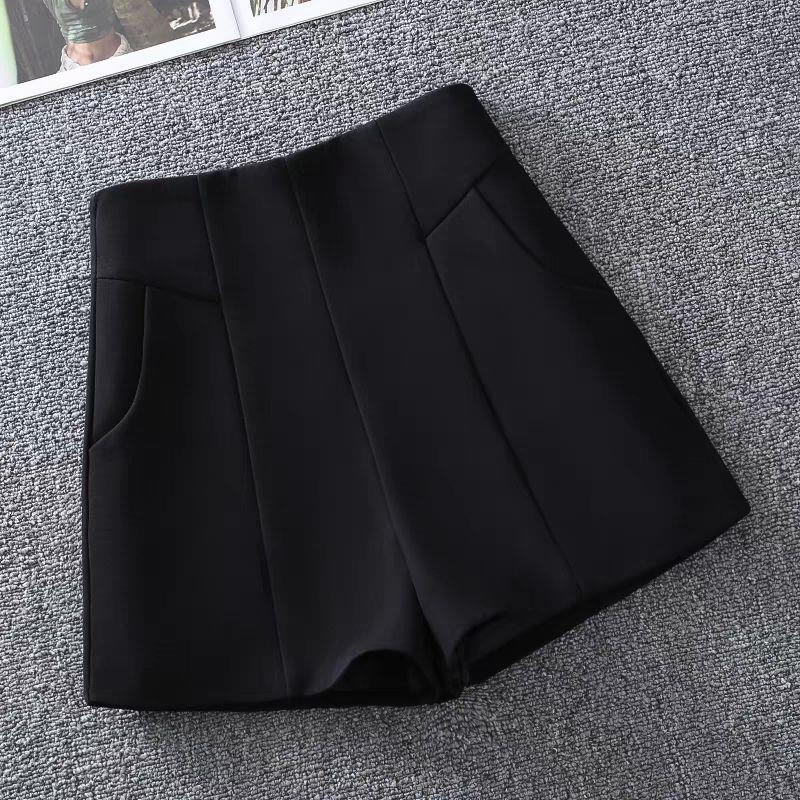 Hohe A-Linien-Shorts aus Wolle mit weitem Bein für Damen - Koreanischer Stil, Schwarz, Herbst/Winter 2025