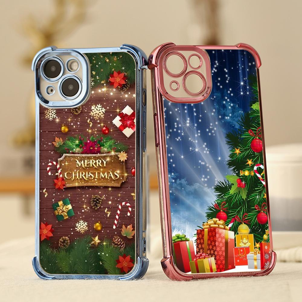 Ae111 Merry Christmas  Design Electroplated TPU Phone Cases for iPhone 16 15 13 11 Pro Max 14 Plus Infinix Smart 8 Tecno Four Corner Protection Cover