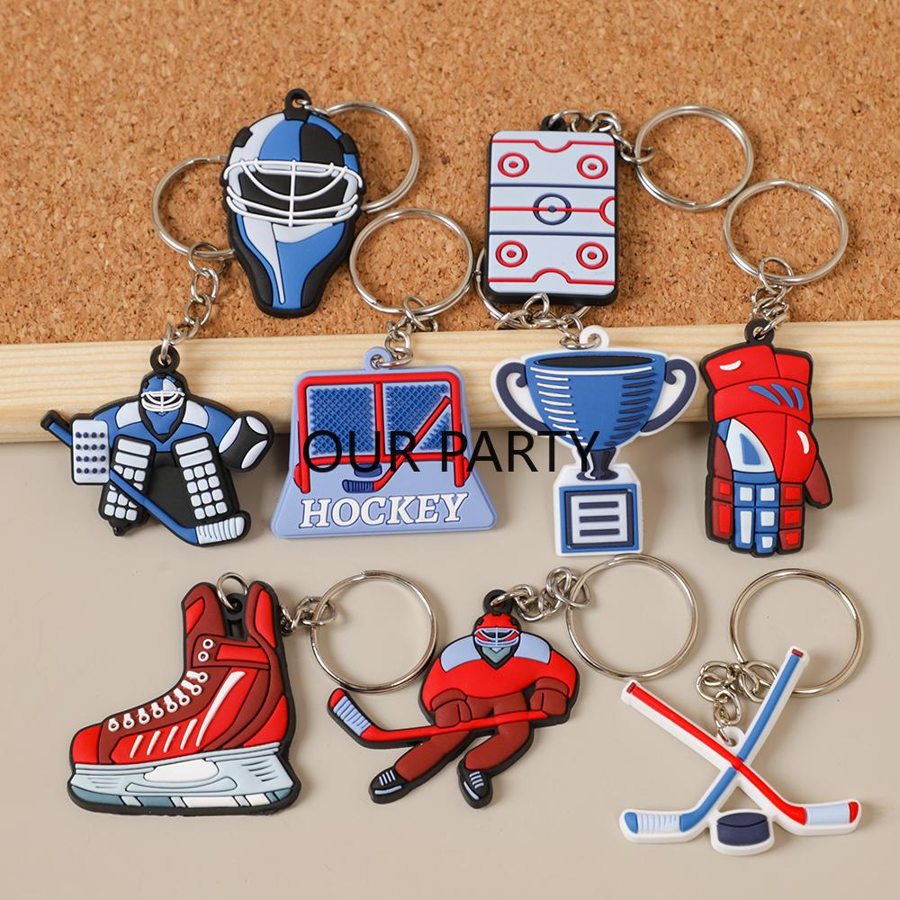 

9Pcs Sports Ice Hockey Theme Silicone Keychains Backpack Pendant Toy for Kids Birthday Party Favors Pinata Fillers Goodie Bag