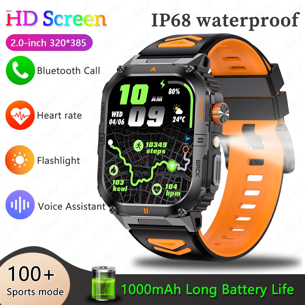 New Smart Watch Men 1000mAh Large Capacity Battery Outdoor Flashlight Bluetooth Call Waterproof Sport Fitness Smartwatch