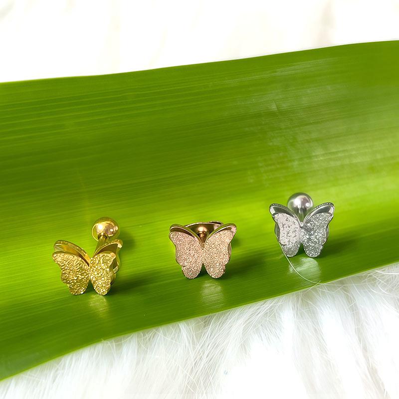 Elegant Frosted Double-Layer Butterfly Stud Earrings - Versatile Stainless Steel with Screw-back for Women