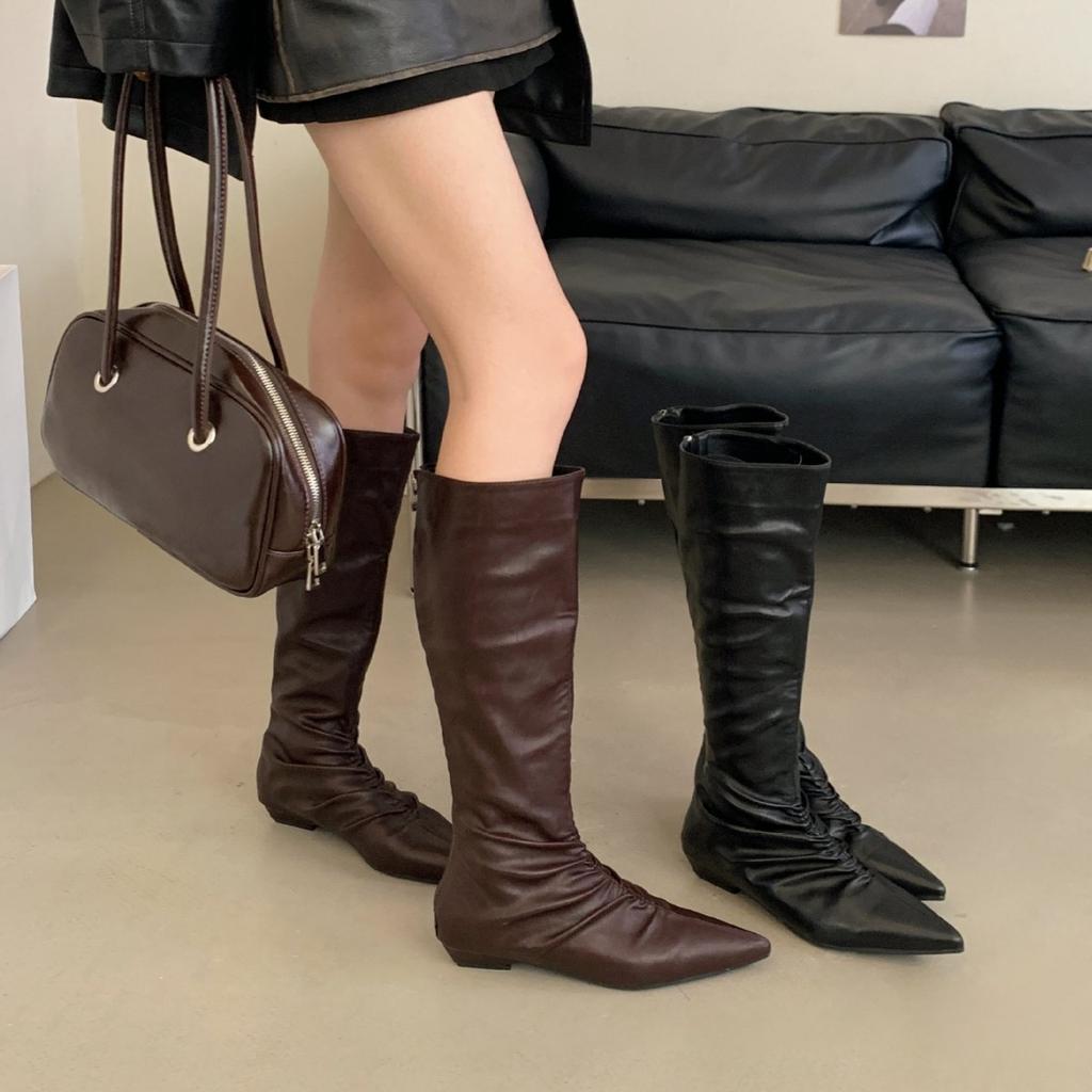 2025 New Korean Version of Pointed Pleated Suede Thick Heel Tall Tube Thin Soft Leather But Knee Riding Boots