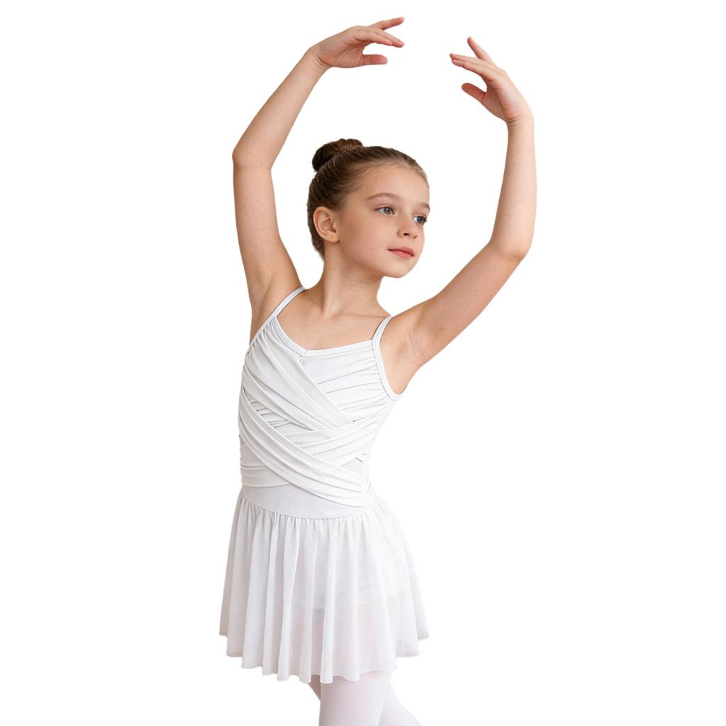 Girls Ballet Mesh Dance Dress Spaghetti Straps Cutout Back Cross Ruched Front Built In Briefs