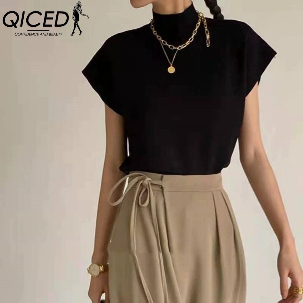 QICED Women's Fashion Casual Solid Color Print Short Sleeve Blouses & Shirts