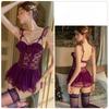 Plus Size Women’s Sheer Mesh Lace Lingerie Padded Backless Slip Dress with Thong