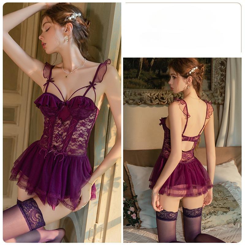 Plus Size Women’s Sheer Mesh Lace Lingerie Padded Backless Slip Dress with Thong