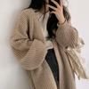 Korean College Style Medium and Long Knitted Cardigan Autumn and Winter Loose Solid Color Large Size Lantern Sleeves Sweater Women's Casual